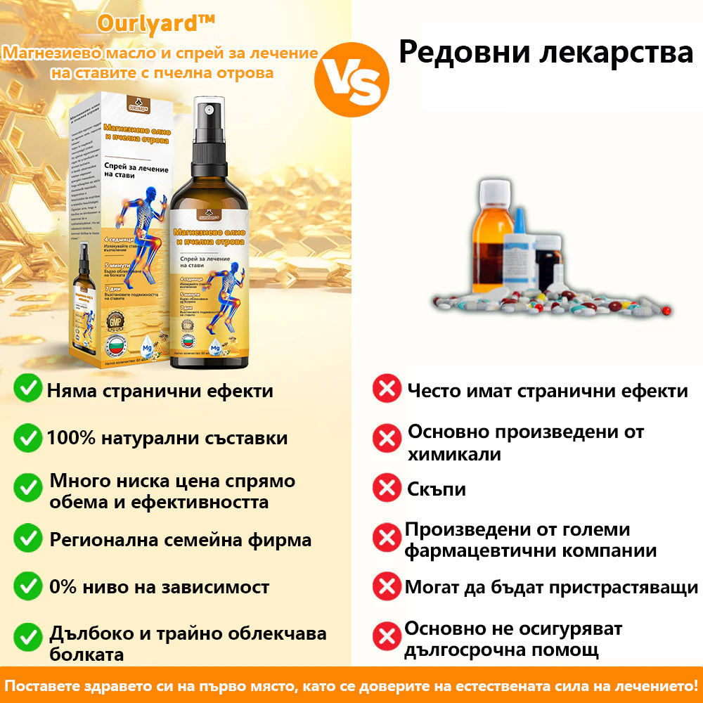 Ourlyard™ Магнезиево олио и спрей с пчелна отрова за възстановяване на ставите 👨‍⚕️ Одобрен от Българската агенция по лекарствата (БАЛ)